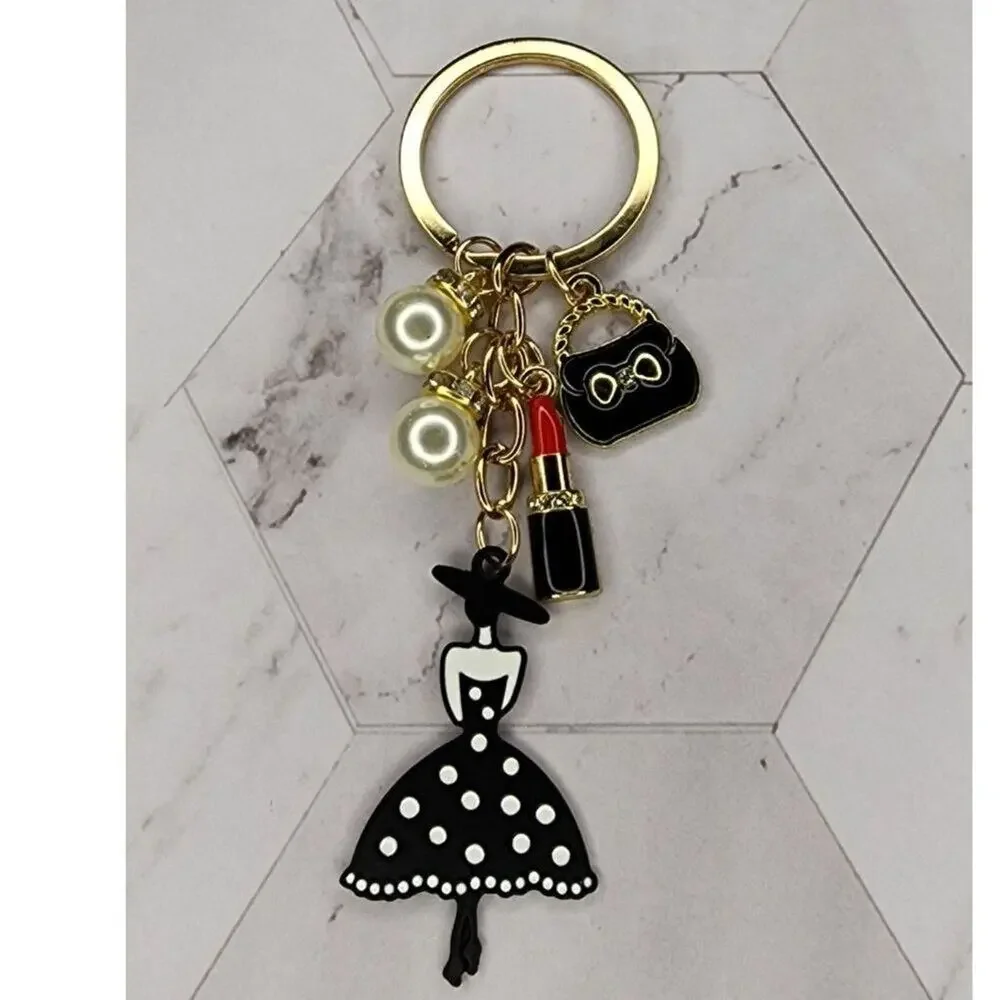 Fashion Lady Bag Charm Keychain Purse Lipstick Faux Pearls Black Enamel